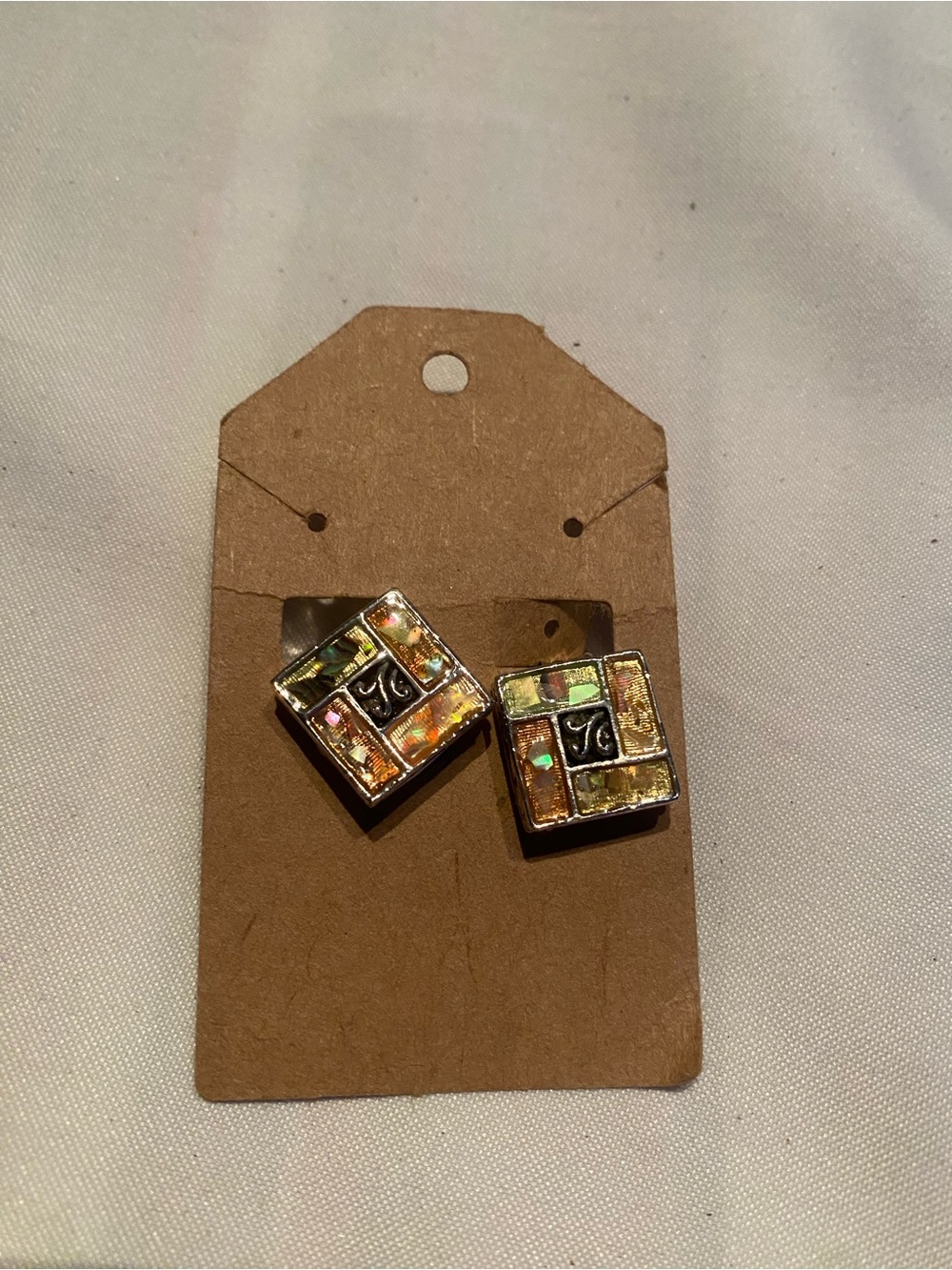 Square Mosaic clip on Earrings with Iridescent Tiles